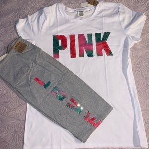 VS Pink Holiday Set White Christmas Themed Tee & Matching
Grey Leggings W/Bling